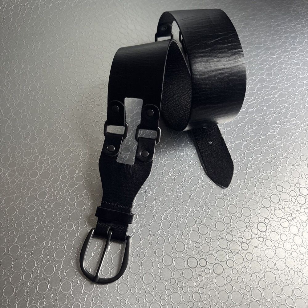 Vintage 2008 Gap Wide Black Leather Belt Cutouts Gunmetal Grunge Y2K - Size L